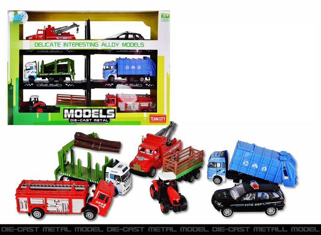 6PCS Diecast Metal Car Models Play Set City Trucks Vehicle Playset