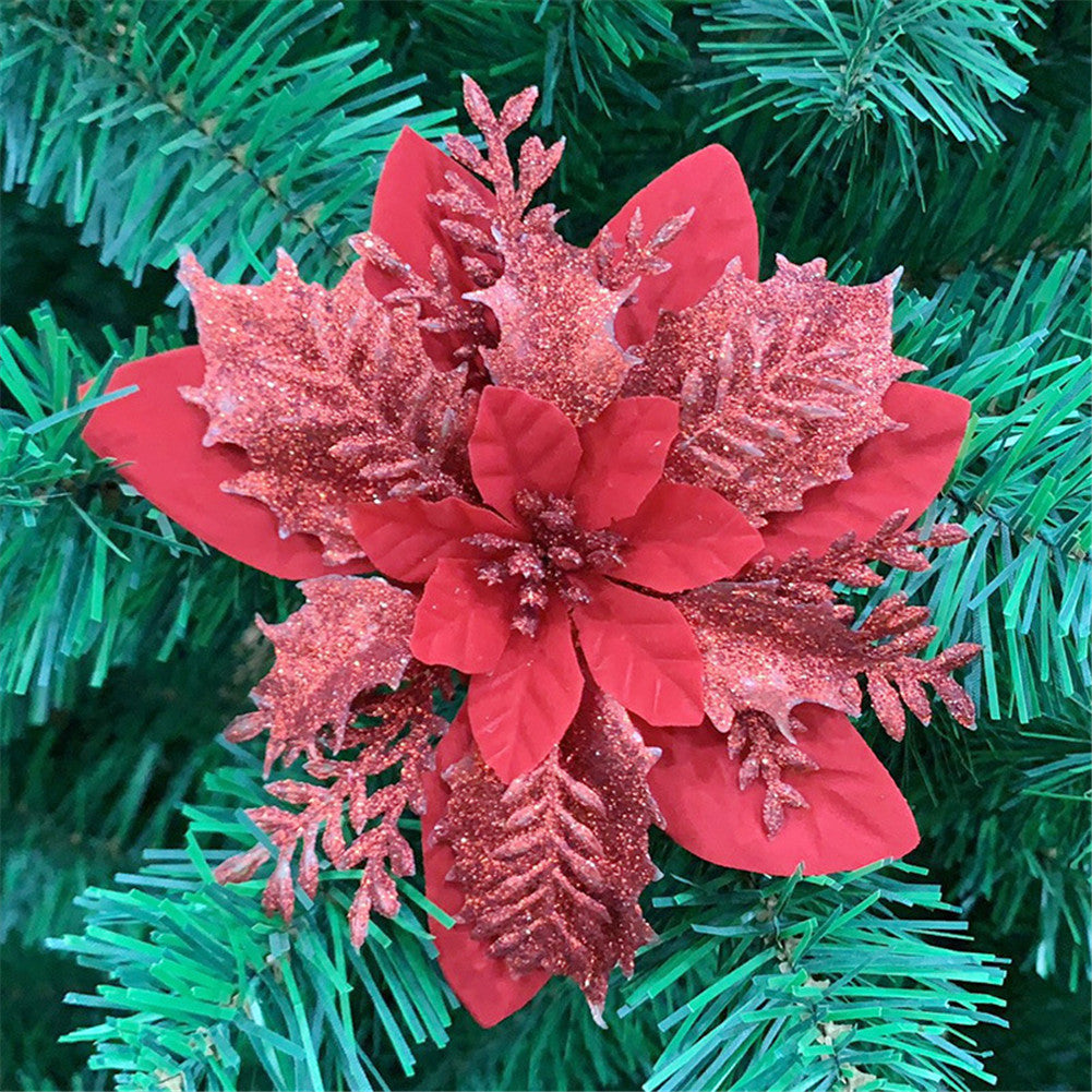 14cm Gold  Powder  Flower Lifelike Artificial Three-layer Flower Christmas Decorations 3#Red