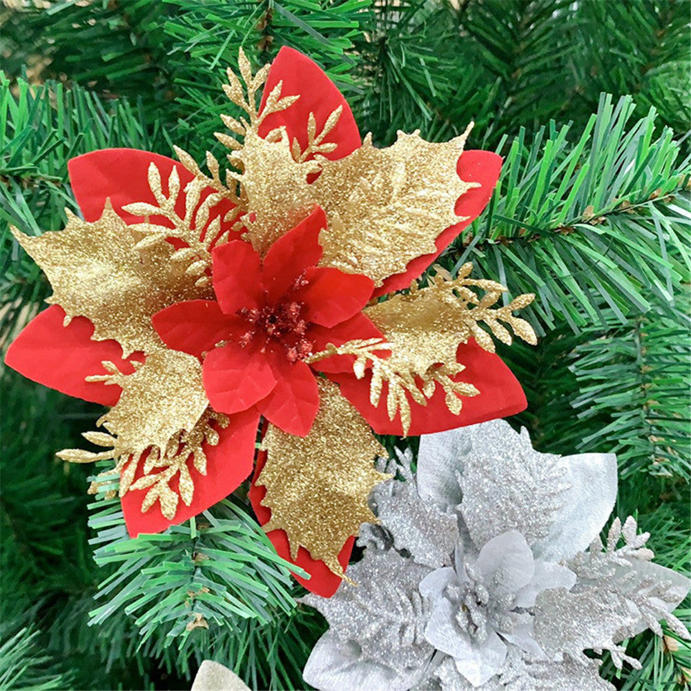 14cm Gold  Powder  Flower Lifelike Artificial Three-layer Flower Christmas Decorations 4#Red Gold