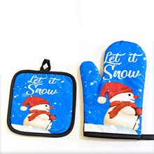 Cargar imagen en el visor de la galería, 2 Pcs/set Baking  Anti-hot  Gloves  Pad  Set Merry Christmas Pattern Oven Dining Bbq Kitchen Mat Snowman in christmas hat
