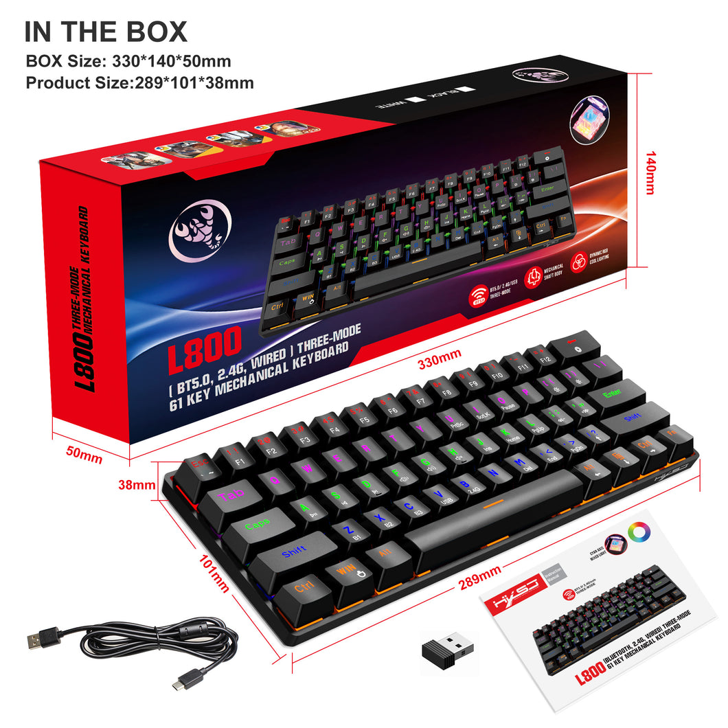 61-key 3-mode RGB Wireless Bluetooth-compatible Mechanical  Keyboard Green Axis Built-in 2200ma Gaming Keyboard Black