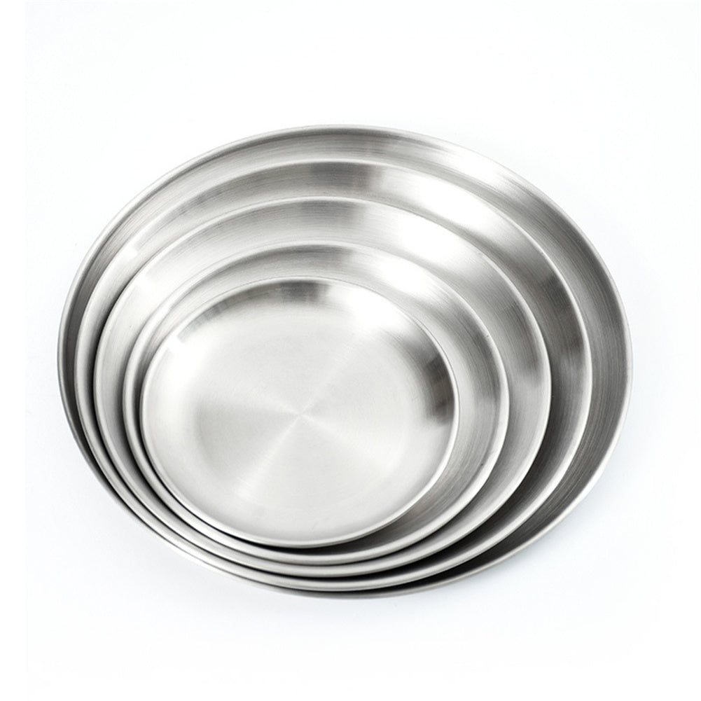 304 Stainless Steel Dinner Food  Plates Round Thicken Cake Fruit Tray Kitchen Dishes Tools 304 Brushed_17m