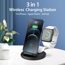 Load image into Gallery viewer, 15w  Three-dimensional  Smart  Charging  Base Foldable 3-in-1 Wireless Charger For Iphone Iwatch Airpods Black
