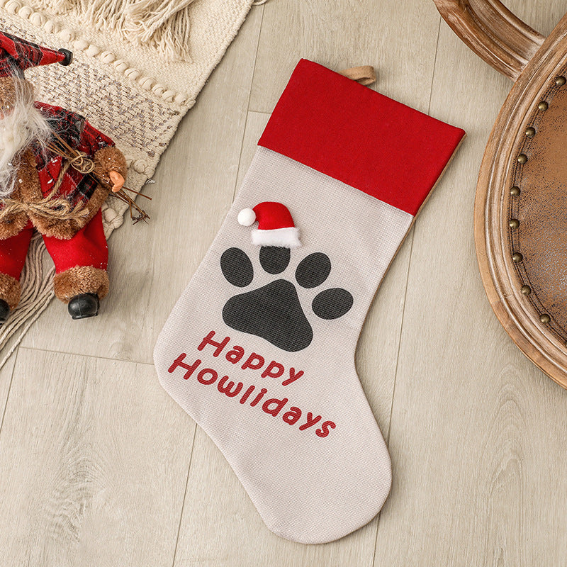 Christmas Stocking Dog Cat Paw Kids Gift Candy Bag For Christmas Decorations Pet socks small cap H a p p y