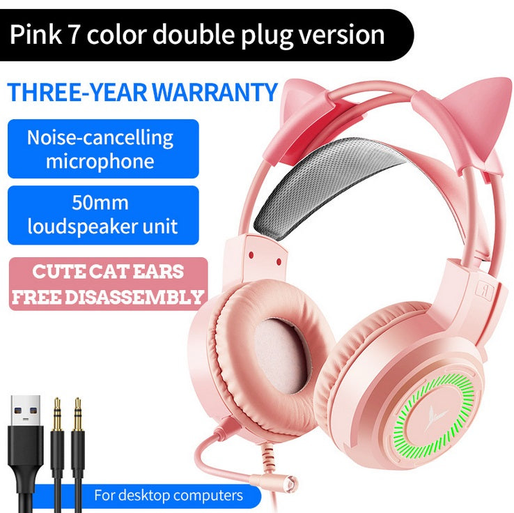 Gaming  Headset Surround Sound Stereo Wired Headset Usb Microphone Colorful Lighting Headset Cat ear pink 3.5MM version