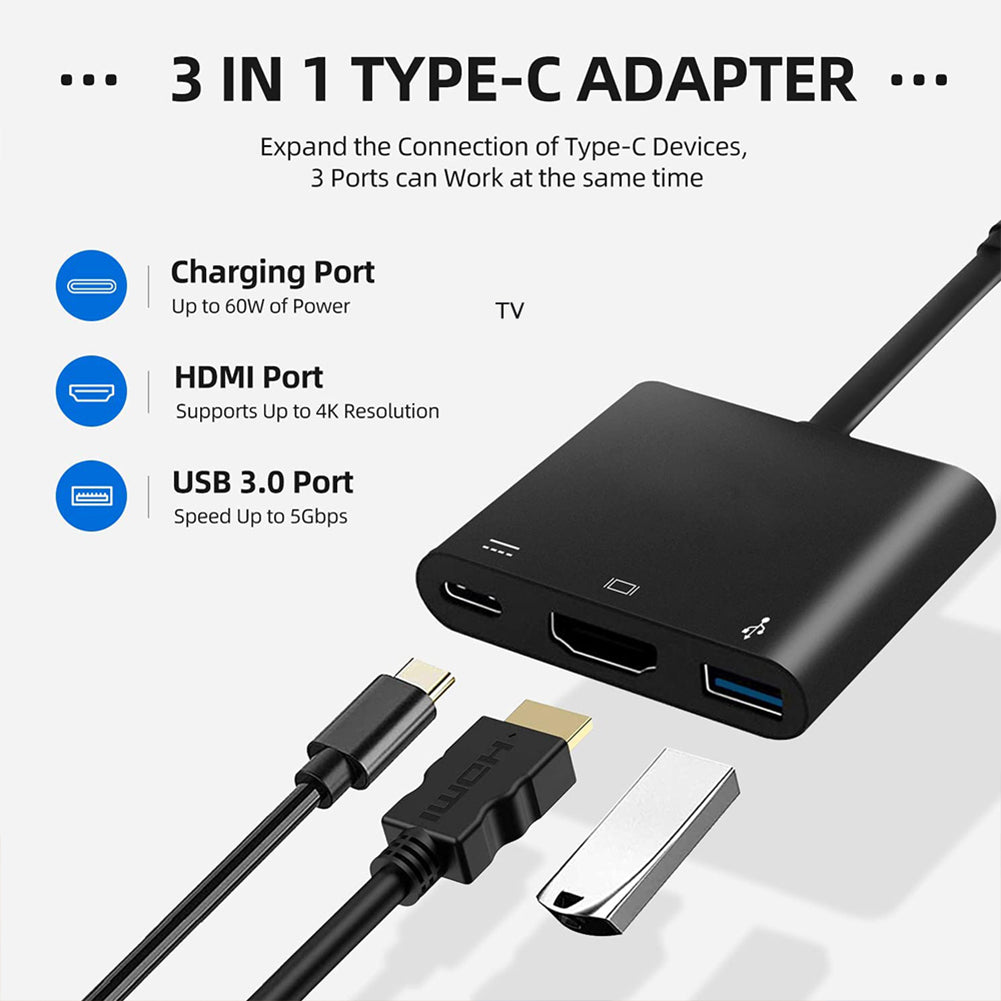 Type C To Hdmi-compatible Cable  Adapter Usb3.0 Pd 3 In 1 Flat Cable Support 4k Black