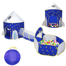 Cargar imagen en el visor de la galería, 3 In 1 Rocket Ship Game Tent Indoor Outdoor Tunnel Ball Pit With Hoop Set For Kids Blue
