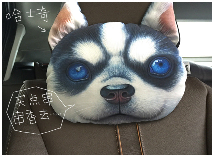 Plush  Car  Headrest Dog Pattern Black Husky Bully Dog 3d Cartoon Personality Creative Seat Neck Pillow Husky